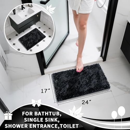 Image of Yimobra Chenille Bathroom Rugs Non Slip, Extra Thick Soft Absorbent Bath Rug, Machine Washable Quick Dry Bath Mat for Bathroom Floor, Tub and Shower, Home Decor Accessories, 24x17, Black