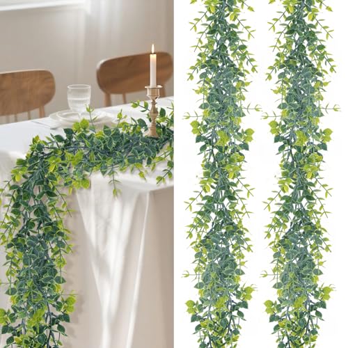 RAINFLOW 2 Pcs Eucalyptus Garland - Artificial Eucalyptus Vines Garlands Artificial Greenery Garland for Decoration Green Fake Vines for Wedding Backdrop Fireplace Wall Table Porch Staircase Decor