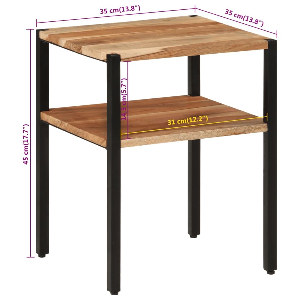 Beistelltisch aus massivem Akazienholz mit Eisenbeinen 35x35x45 cm, Stabiler Couchtisch mit Ablagefach, platzsparend für Wohnzimmer, Schlafzimmer und Büro