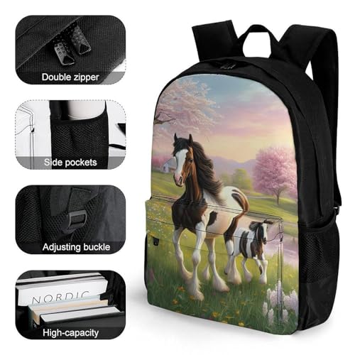 Gypsy Vanner Horse Mare And Foal In Spring Pasture Art Daypack Lightweight Multipurpose Anti-Theft Shoulder Bag Large Capacity Laptop Book Bag Rucksack With Adjustable Shoulder Straps3