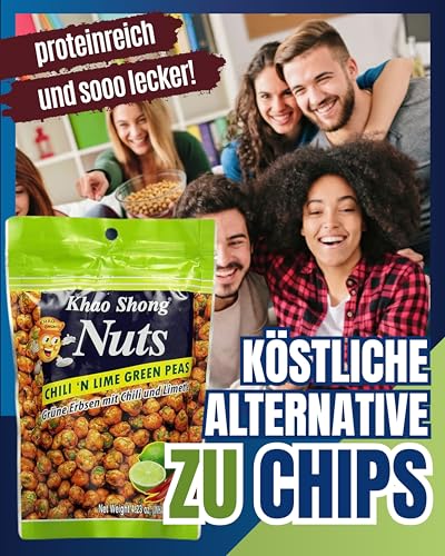 Khao Shong Chili 'n Lime Green Peas, grüne Erbsen mit Chili & Limette überzogen, knackiger Snack im fruchtig-scharfen Teigmantel, fettärmere Alternative zu Nüssen, 1 x 120 g Standbeutel