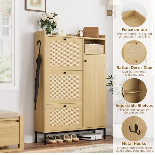 GarveeHome Shoe Cabinet Rattan with 3 Flip Drawers and 4-Tier Shoe Storage Cabinet, Freestanding Shoe Organizer with Adjustable Shelves for Entryway, Closet, Hallway (Oak)