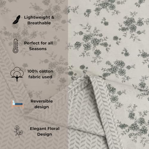 Image of Florida Reversible Cotton Dohar - Single Size (220x160 cm, 90 GSM, Green Floral Pattern), Soft & Lightweight Blanket for All Seasons, Breathable & Skin‑Friendly Fabric