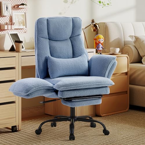 Image of Wider Seat Office Chair with Flip Armrests for Criss Cross Legged&Cats, Big and Tall Executive Ergonomic Reclining Chair with Footrest&Lumbar Pillow, Teddy Fleece Desk Chair,Blue Vanity Chair