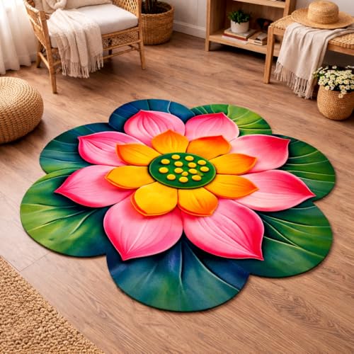 Image of 3D Lotus & Floral Door Mat | Water Absorbent, Anti-Skid, Machine Washable Floor Mat | Soft Microfiber Carpet for Home, Living Room & Bedroom | Premium Decorative Mat (24x24 Inch, 300g) (Pink, Lotus)