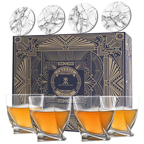 Krown Kitchen - Whiskey Glass Set of 4. Highball Rocks Glass tumblers. Whiskey Set Perfect for Bourbon, Cocktail, Scotch. Includes Luxury Gift Box and Ceramic Stone Coasters. 300ml Capacity
