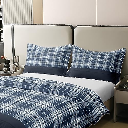Geometric 100% Cotton Duvet Cover for Kids Boys Girls,Modern Navy Blue Checkered Bedding King,Southwest Vintage Comforter Cover,Retro Plaid Bed Sets with 2 Pillowcases for Bedroom - Image 4
