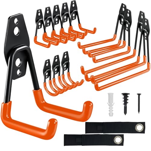 Garage Hooks 12Pcs Heavy Duty Steel Wall Mounted Hooks Reinforced Welding Tool Organizer with 2 Straps, 4 Size Storage Hanger for Bike, Garden Tools, Sports Equipment, Garage Organization (Orange)
