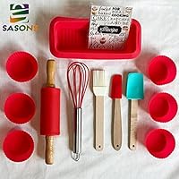 SASONS ® Kids Baking Set- 17PCS BAKEWARE Set for Boys and Girls Cupcake Moulds Cookies Baking Cups Pastry Brush Spatula Whisk Mixing Spoon Rolling PIN with 5 Recipe Cards