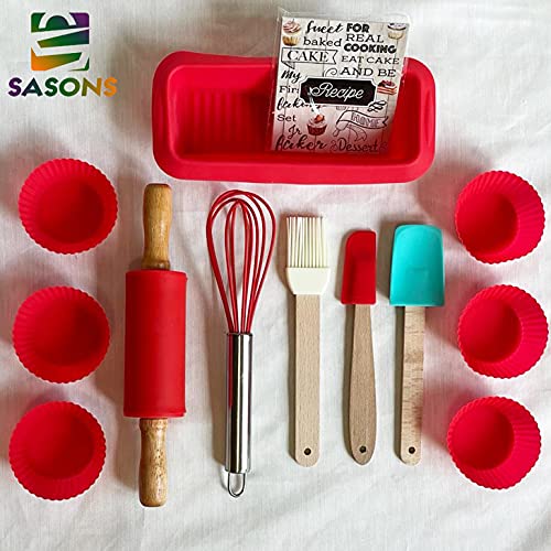 SASONS ® Kids Baking Set- 17PCS BAKEWARE Set for Boys and Girls Cupcake Moulds Cookies Baking Cups Pastry Brush Spatula Whisk Mixing Spoon Rolling PIN with 5 Recipe Cards