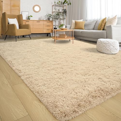 Keeko Fluffy Area Rugs for Living Room Bedroom, Soft Plush Bedside Rug Modern Indoor Large Rug Shag Fuzzy Nursery Carpet Non Slip Rugs for Kids Girls Baby Teen Dorm Room Home Decor Beige, 5.3x7.5