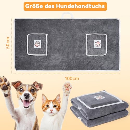 Laamsamling 120x70cm Hundehandtuch, 2 Stück Hundehandtuch Extra Saugfähig mit Griffaschen, Mikrofaser-Handtücher für Hunde und Katzen – ideal für Kleine, Mittelgroße und Große Hunde