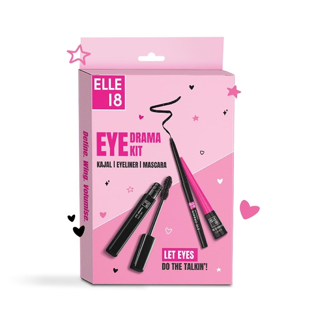 Elle 18 Blink & Slay, Eye Makeup Kit with Eyedrama Kajal, Eyeliner & Mascara, Smudge-proof, Water-proof & Long-lasting, Black, Pack of 3, 13.5 ml-image-10