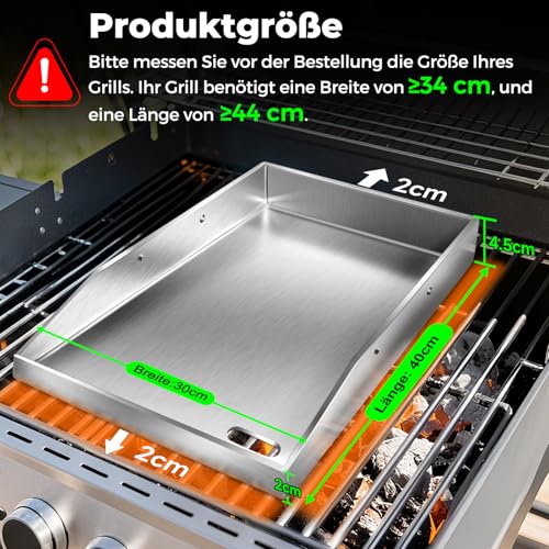 Grillplatte Plancha, 4 mm starker Edelstahlgrill für Gas- und Holzkohlegrills 40 x 30 x 4 cm, mit abnehmbarem Griff, mit 2 Grillspatel-Set,Grillgeschenke für Männer und Frauen 2