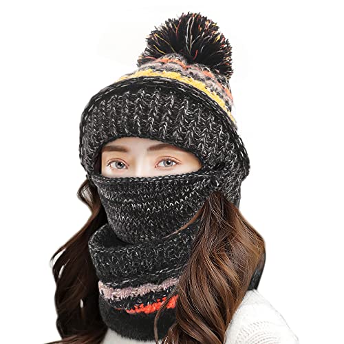 JIGUOOR Womens Winter Hats, Winter Hats for Women Fleece Lined 3-Piece Womens Beanie Scarf Mask Set Thick to Keep Warm with Pom Worn, Winter Hat Suitable for Winter Skiing Running Camping(Black)