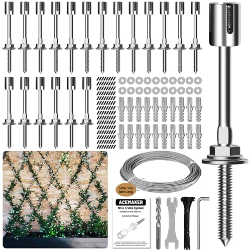 Acemaker Wire Trellis for Climbing Plants Outdoor 20-Set Wall Wire Trellis Kit with 5/64(2mm) x 98ft Stainless Steel Cable T316 Espalier System for Fence and Garden DIY Projects