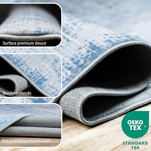 Tapis de salon bleu lavable en machine et antidérapant