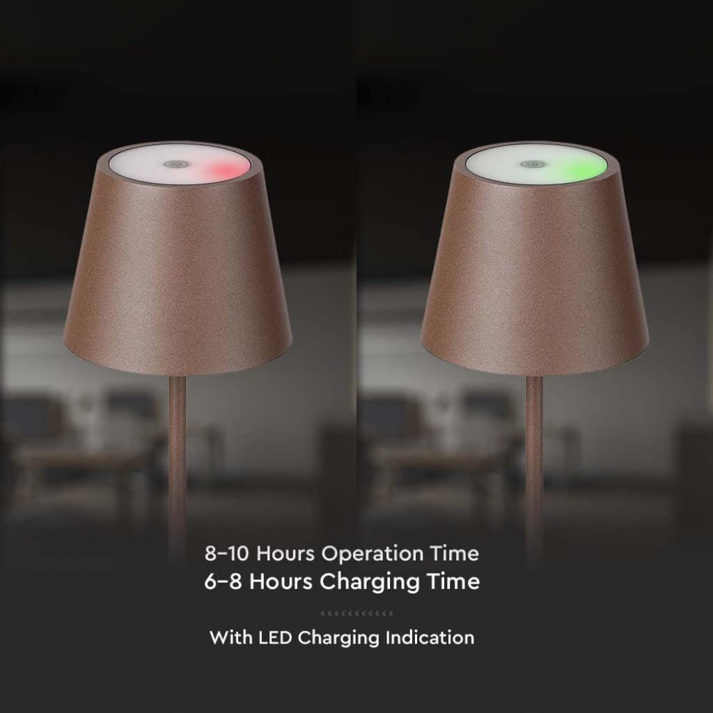 V-TAC Lampada da Tavolo senza Fili LED Dimmerabile in Alluminio – Lampada Marrone Wireless per Uso Interno ed Esterno IP54 da Casa o Ristorante – Design Elegante – Luce Bianca Calda