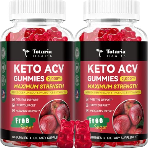 Totaria 2 Pack Keto ACV Gummies - 4000mg Apple Cider Vinegar Gummies Sugar-Free with Probiotics, B12, Keto Supplements for Women & Men 120 Gummies