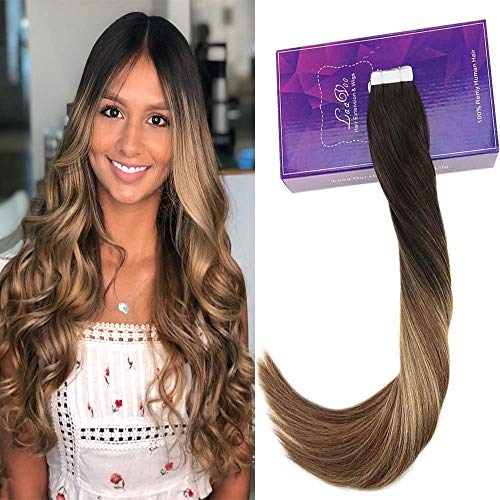 LaaVoo 14" 20pcs/50g Tape in Extensions Balayage Ombre Color Darkest Brown to Medium Brown and Ash Blonde 100% Remy Human Hair Extensions