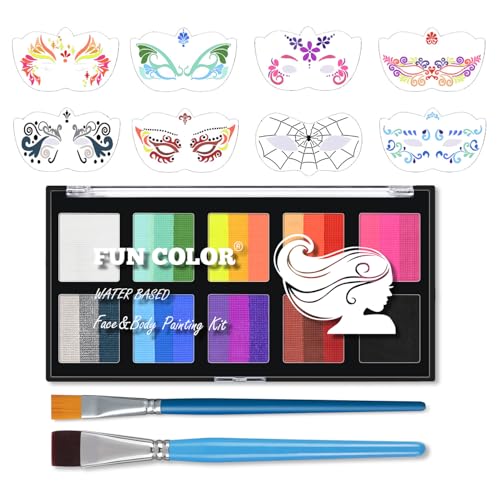 10 Color Rainbow Face Paint Kit with Face Stencils & Brushes - Split Cake Water Activated Palette,Washable Face Paint for Kids, Adults, Professionals Set for Halloween, Cosplay, Parties, Body Art?#02?