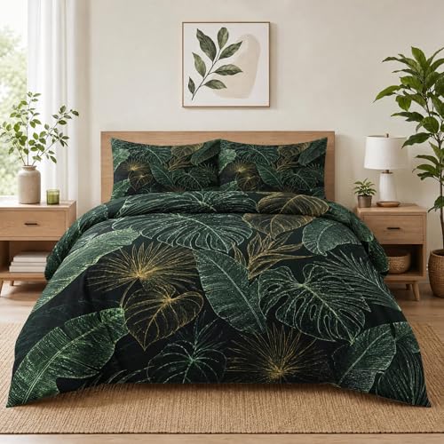 WeCozy Queen Size Comforter Set with 2 Pillowcases, Green Tropical Leaves 3 Pcs Bedding for Kids and Adults, Monstera Palm Leaf Soft Comforter Set for Bedroom Bed Decor