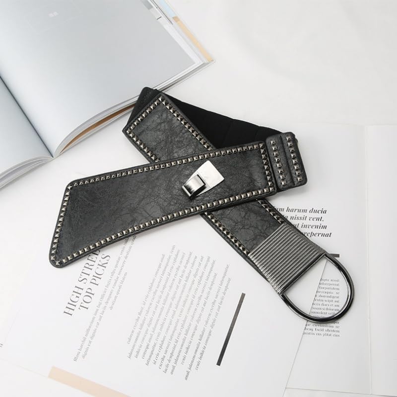 Women's Fashion Vintage Wide Waist Belt Punk Rivet Leather Belts Interlock Buckle Studded Waistband3
