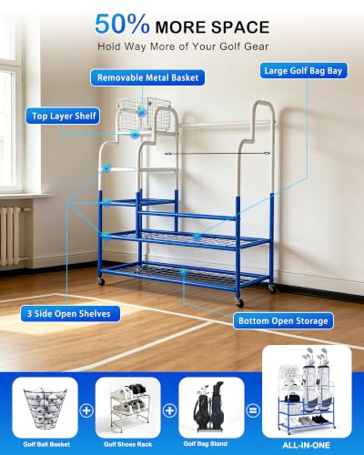 Image of Golf Bag Storage Garage Organizer for 2 Bags, Golf Storage Rack with Wheels | 50% More Space Multi-Zone,All-In-One 5tier Compact,Extra Bottom Storage,4 360 Casters,Movable Basket,Small Garage,Heavy-Duty