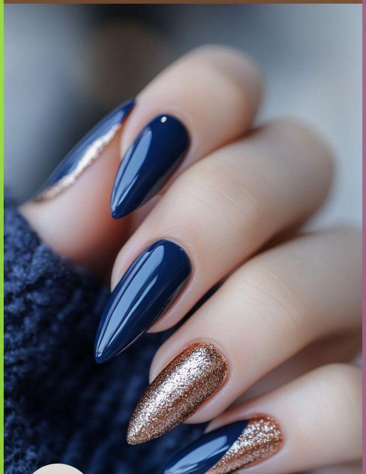 Artificial Nails: Glossy Dark Blue With Golden Glitter/Shape Long Stiletto (Set of 12 with nail glue, nail file, cuticle pusher, cleaning wipe)-picture-43