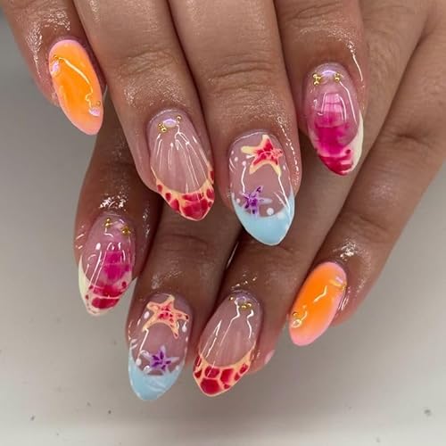 30Pcs Summer Ocean Press on Nails Short Almond Fake Nails