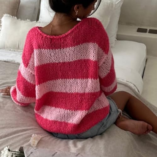 Image of Women Y2K Striped Sweater 90s Vintage Aesthetic Long Sleeve V-Neck Knit Pullover Jumper Loose Fall Sweatshirt