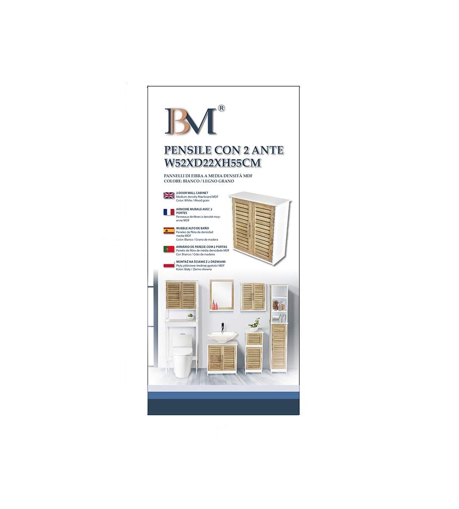BM 4009 Armadietto Pensile/Mobile da Parete/Arredo Bagno, W52xD22xH55cm, MDF, Colore Bianco Legno Grano, Con 2 Ante e 1 Ripiano