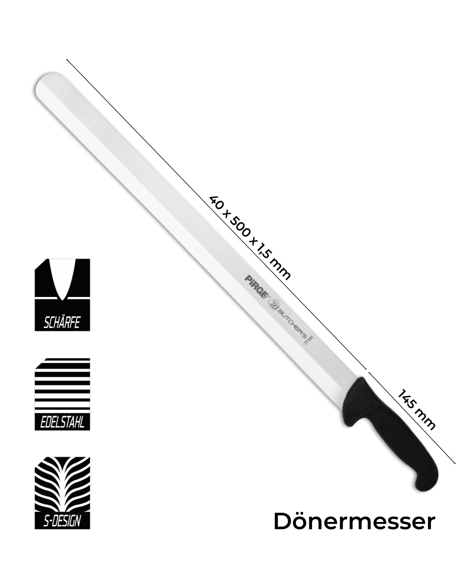 Pirge Couteau à Döner 50cm Noir - Lame Creuse Anti-Adhésive en Acier Inox - Long Couteau de Boucher pour Kebab & Viande - Ergonomique