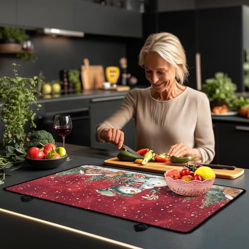 Image of Christmas Snowman Gingerbread Extra Large Stove Top Covers Water & Heat Resistant Mat for Kitchen Folding Square Glass Countertop Protector with Hooks Easy to Clean Christmas Decor