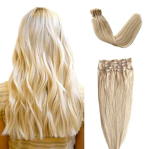 Human Hair Extensions Clip in Hair Platinum Blonde 18 inch 7 pieces 120G Clip on Extensions Silky Straight Seamless Skin Weft Clip on Remy Hair Extensions Double Weft Clip on for Women