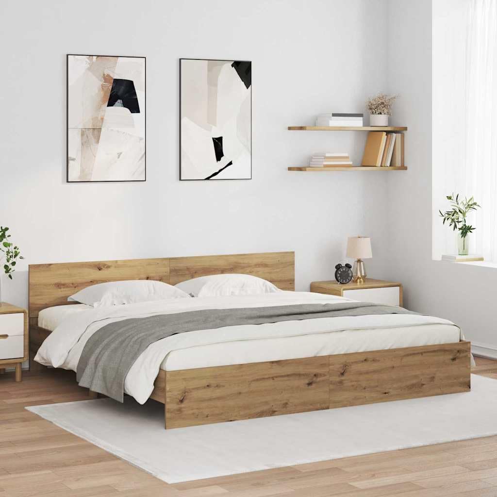 Marco de cama de roble Artisan de madera de 200 x 200 cm con somier y tiras LED para dormitorio de matrimonio con cabecero e iluminación moderna