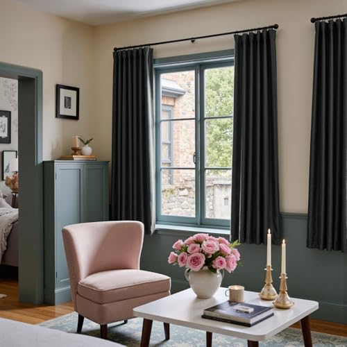 Image of Blackout Black Velvet Curtains Rod Pocket 52x72 Inch 2 Panels | Soft Velvet, For Small Windows, Kitchens & Bathrooms, Light Shifting Texture, Elegant Drape, Classic