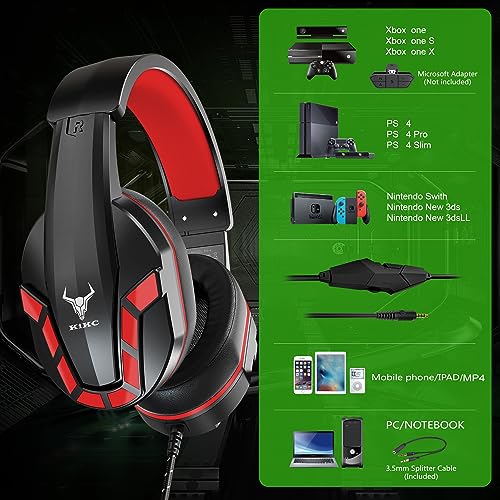 Image of Kikc PS4 Gaming Headset with Mic for Xbox One, PS5, PC, Mobile Phone and Notebook, Controllable Volume Gaming Headphones with Soft Earmuffs for Kid (Red)