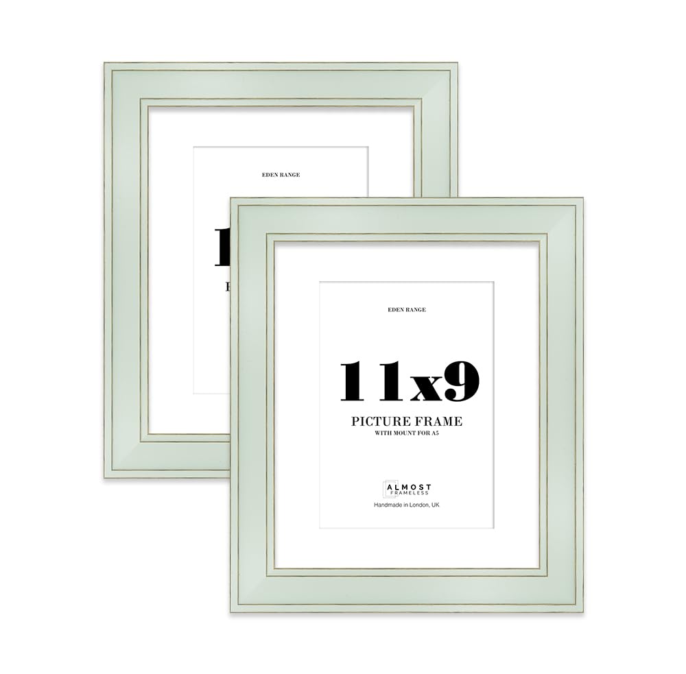 11x9" Sage Green Picture Frame with A5 Mount - Shabby Chic Photo Frame with Distressed Finish, Gold Trim, Wall Hooks and Kickstand, 37mm Edge - 2 Pack