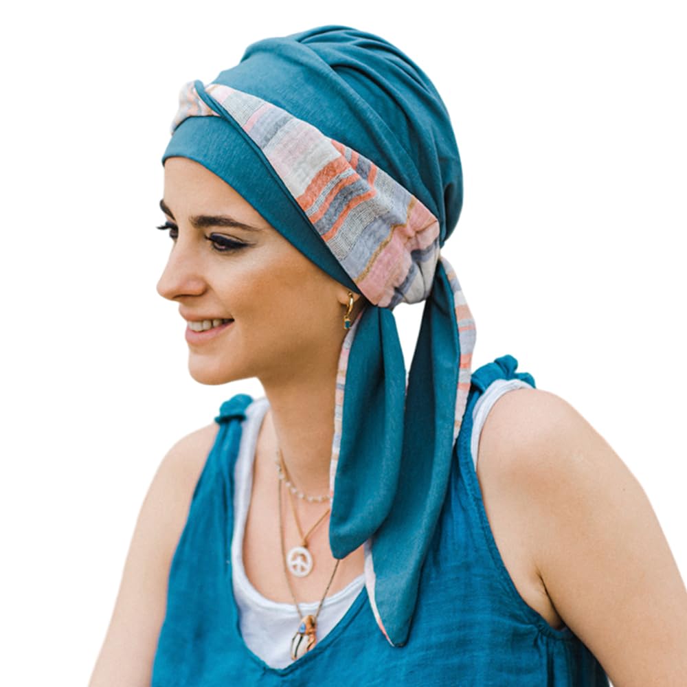 CAREBELL pañuelo oncológico modelo Smooth – diseño Mediterráneo Acero en bambú suave y transpirable, especial para quimioterapia, alopecia y pieles sensibles, hecho a mano en España