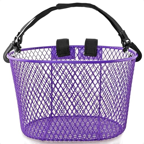 Adult Bike Basket Front, Bicycle Basket for Women, Waterproof Metal Wire Bicycle Basket with Carrying Handle, Suitable for Most Adult Bicycles, Practical Bike Accessories (Purple)