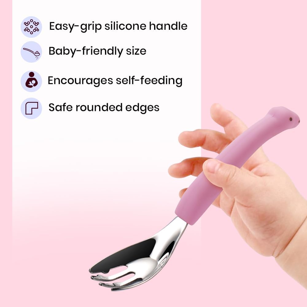 ONE AND ONLY Baby Spoon & Fork Set with Dino Cover | Stainless Steel & Soft Silicone Handle | BPA-Free, Ergonomic Feeding Utensils for 6–12 Months, Toddler Cutlery & Baby Shower Gift (Pink, Pack of 2) - Image 5 thumbnail