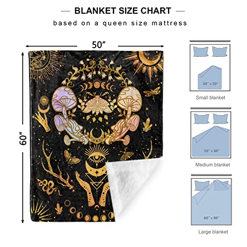 Mushroom Decor, Moth Moon Blanket Witch Gifts For Women Zodiac Witchy Hippie Fleece Blanket Gothic Gifts Sun Moon Throws Blanket 60"X 50" #TOP3
