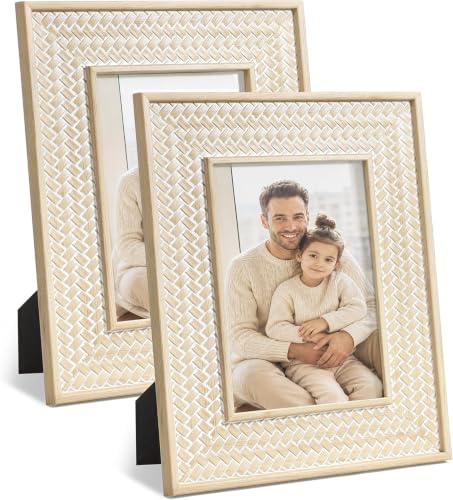 Sonefreiy Boho 5x7 Picture Frame Beige Rattan Photo Frame Set of 2