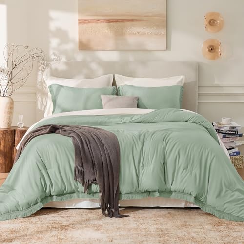 Image of Andency Twin Comforter Set Sage Green, 2 Pieces Kids Comforter Sets for Boys Girls Teens, Boho Tassel Lightweight Winter Fluffy Bed Set (66x90In Comforter & 1 Pillowcase)