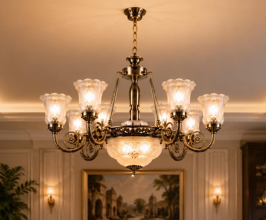 with Bulb Vintage 9-Light Brass Chandelier with Frosted Glass Shades | Elegant Hanging Ceiling Light for Living Room, Dining Room, Hall, Hotel & Luxury-image-44