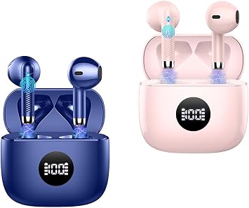 Jxrev J53 2 Pack Dark Blue and Pink Wireless Earbuds, Bluetooth Ear Buds LED Power Display Headphones Bass Stereo, Earbuds in-Ear Noise Cancelling Mic, 40H Playback Mini Case