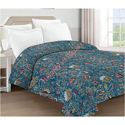 Handicraft Bazarr Colcha de algodón con diseño de patchwork tradicional de cachemira, 108 x 90 pulgadas, colcha de cama hecha a mano india, edredón acolchado para habitación (azul)