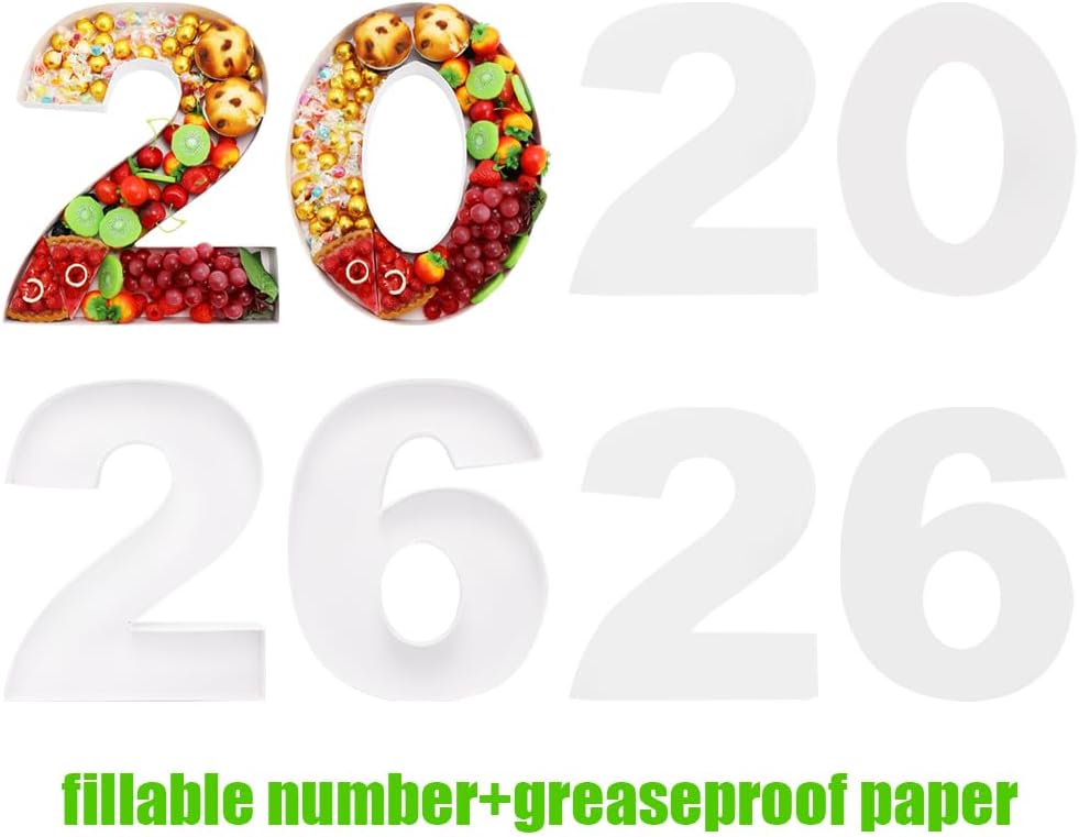 2026 Cardboard Number Fillable Charcuterie, New Year Eve Graduation Centerpiece Decorations, Set of 4 (White, 15inch)