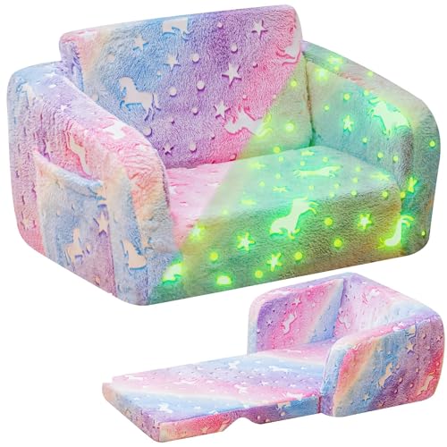 Lamerge Kids Play Couch-Glow-in-The-Dark Convertible Sofa Floor Cushion, Foldable Design for Ages 3+ Soft Foam for Playrooms & Bedrooms for Toddlers (Pink)